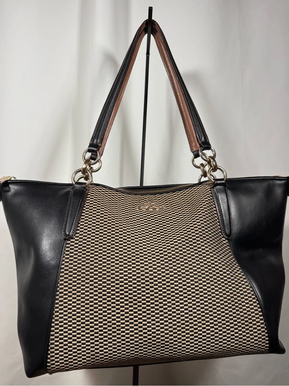 Coach Black and Beige Woven-Pattern Shoulder Tote with Brown Trim